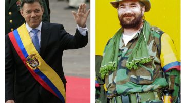 El presidente Juan Manuel Santos (izq.) y el máximo líder de las FARC, Rodrigo Londoño Echeverri.