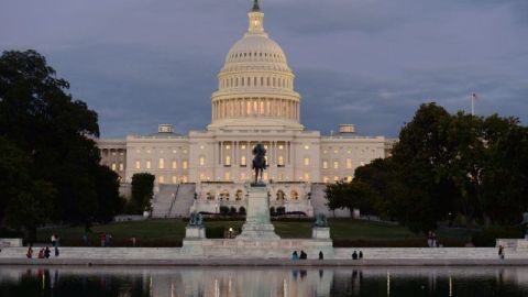 The US Capitol building is seen after sunset