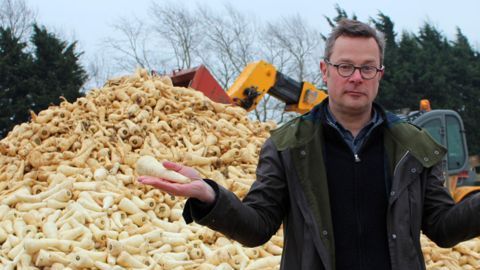 Hugh Fearnley-Whittingstall es chef, periodista y escribe libros sobre comida. A sus espaldas hay una montaña de chirivías para tirar a la basura.