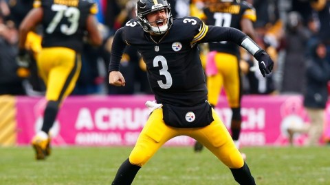 Landy Jones, quien reemplazó al lesionado Michael Vick, celebra un pase de 88 yardas para touchdown a Martavis Bryant.