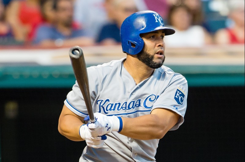 CLEVELAND, OH - JULY 27: Kendrys Morales #25 of the Kansas City Royals hits a two RBI double during the fifth inning against the Cleveland Indians at Progressive Field on July 27, 2015 in Cleveland, Ohio. (Photo by Jason Miller/Getty Images) *** Local Caption *** Kendrys Morales