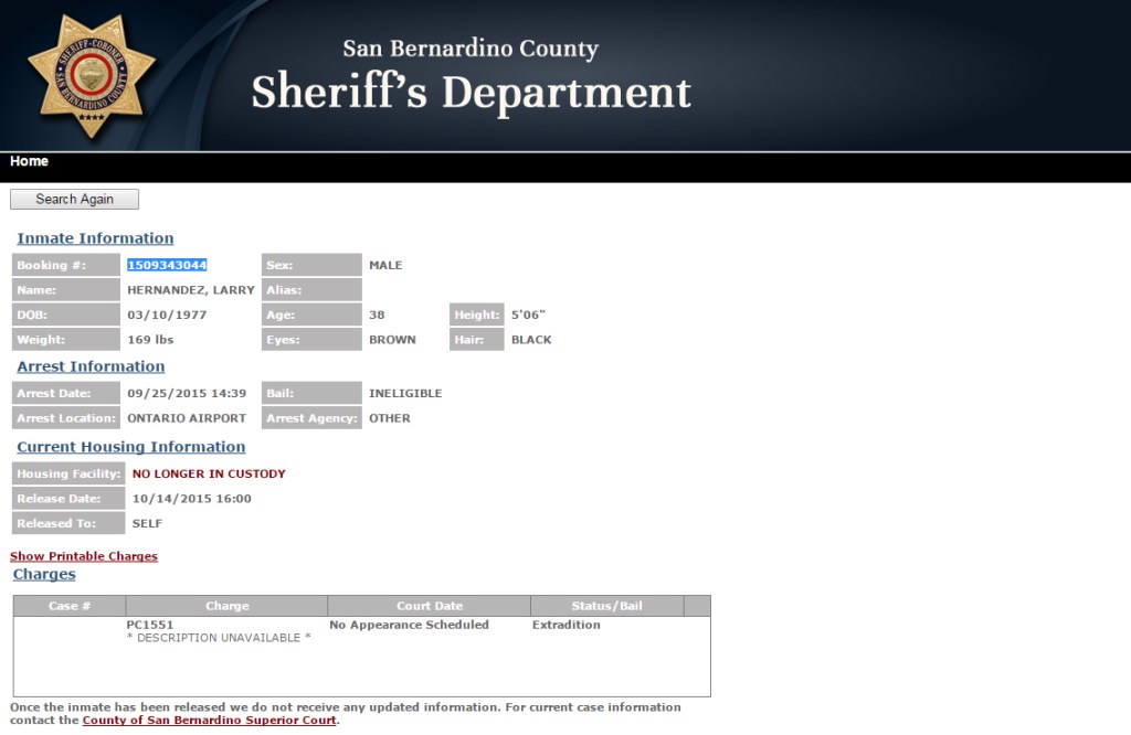 Este es el documento oficial que verifica el traslado de Larry de California a Carolina del Sur.