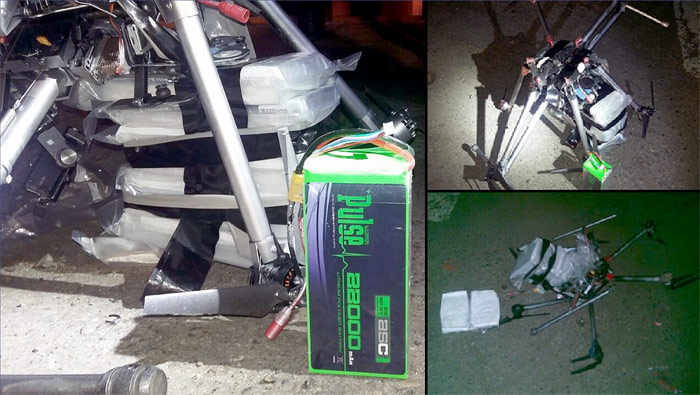 Un dron para transporte de cocaína: el aparato se estrelló en un estacionamiento de un centro comercial en San Ysidro, California, por exceso de peso, según el reporte de las autoridades.