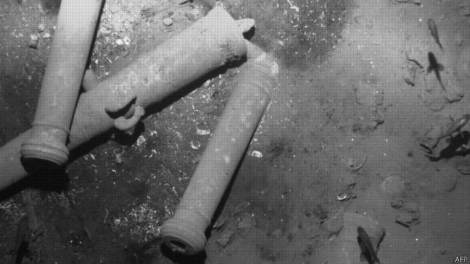 Los cañones de bronce con señales como de unos delfines dieron la clave para confirmar el descubrimiento del galeón San José.