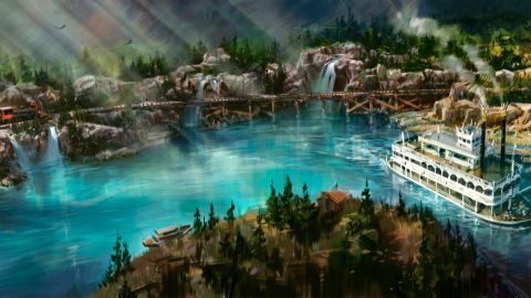 Este es el aspecto que ofrecerá Rivers of America, con el Disneyland Railroad a su paso, una vez terminen las obras.