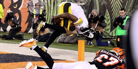 Martavis Bryant, receptor de Pittsburgh, sujeta el balón contra la parte trasera de su muslo para un increíble touchdown contra los Bengals.