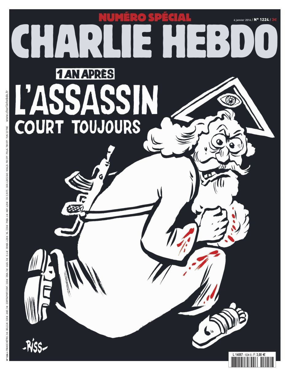Portada del número especial 1224 de la revista satírica Charlie Hebdo con la caricatura de un dios con un rifle kalashnikov