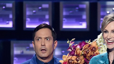 Actor Thomas Lennon, host Jane Lynch, and Miss Colombia Ariadna Gutierrez perform onstage during the People's Choice Awards 2016