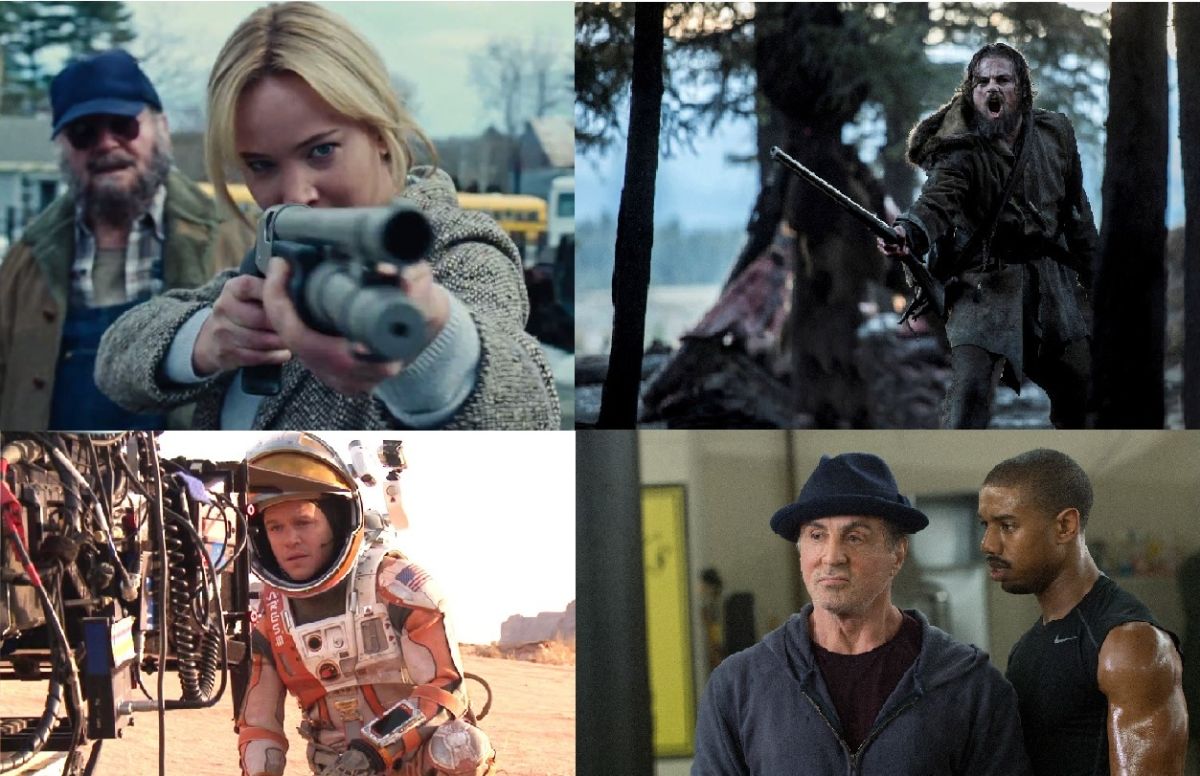 De izq. a der., de arriba a abajo: Jennifer Lawrence ('Joy'), Leonardo DiCaprio ('The Revenant'), Matt Damon ('The Martian') y Sylvester Stallone ('Creed') están nominados a los Golden Globes.