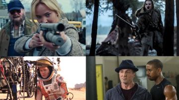 De izq. a der., de arriba a abajo: Jennifer Lawrence ('Joy'), Leonardo DiCaprio ('The Revenant'), Matt Damon ('The Martian') y Sylvester Stallone ('Creed') están nominados a los Golden Globes.