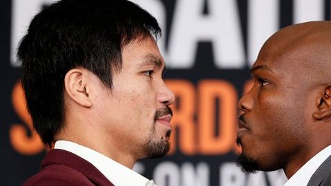 Manny Pacquiao y Tim Bradley cara a cara durante la presentación de su pelea.