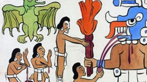 Acuarelas de Diego Rivera como 'El Sacrificio y el Auto Sacrificio Humano ante el Dios Tohil' forman parte de la exhibición.
