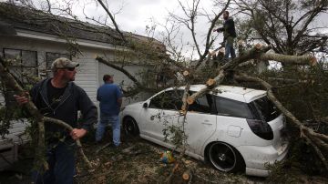Varios hombres retiran un árbol caído sobre un coche tras el paso de tornados en Pensacola, Florida.