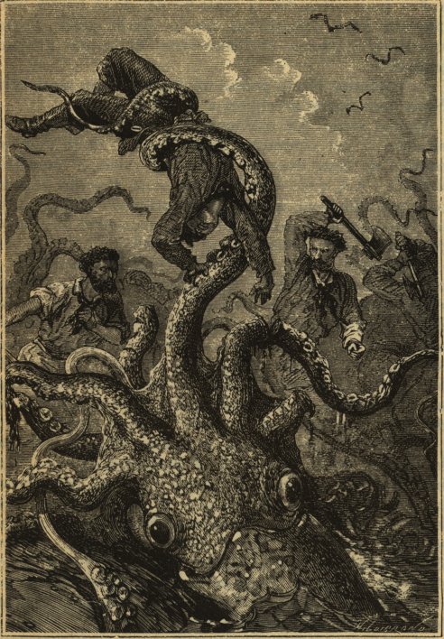 Ilustración original de Alphonse-Marie-Adolphe de Neuville para la edición príncipe de la novela "Veinte mil leguas de viaje submarino", de Julio Verne.