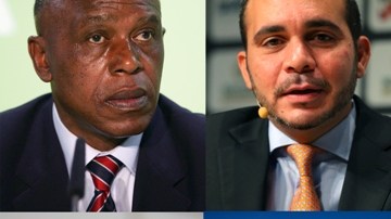 Candidatos a la presidencia de FIFA, conforme a las manecillas del reloj: Tokyo Sexwale, Ali Bin Al Hussein, Salman Bin Ebrahim Al Khalifa, Gianni Infantino y Jerome Champagne.