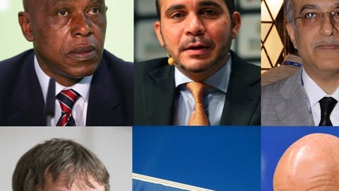 Candidatos a la presidencia de FIFA, conforme a las manecillas del reloj: Tokyo Sexwale, Ali Bin Al Hussein, Salman Bin Ebrahim Al Khalifa, Gianni Infantino y Jerome Champagne.