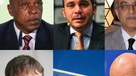Candidatos a la presidencia de FIFA, conforme a las manecillas del reloj: Tokyo Sexwale, Ali Bin Al Hussein, Salman Bin Ebrahim Al Khalifa, Gianni Infantino y Jerome Champagne.