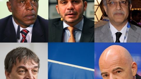 Candidatos a la presidencia de FIFA, conforme a las manecillas del reloj: Tokyo Sexwale, Ali Bin Al Hussein, Salman Bin Ebrahim Al Khalifa, Gianni Infantino y Jerome Champagne.