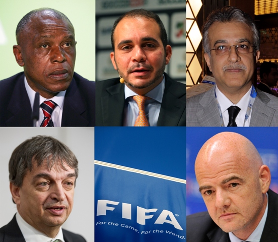 Candidatos a la presidencia de FIFA, conforme a las manecillas del reloj: Tokyo Sexwale, Ali Bin Al Hussein, Salman Bin Ebrahim Al Khalifa, Gianni Infantino y Jerome Champagne. 