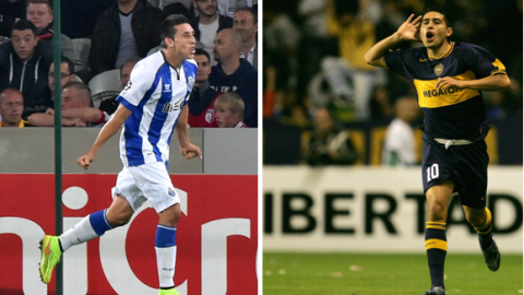 Héctor Herrera (izq) y Juan Ramón Riquelme, ex jugador del Boca Juniors, Barcelona, entre otros, y la selección de Argentina.