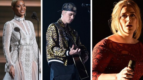 Beyonce, Justin Bieber y Adele en sus respectivas apariciones ayer en los Premios Grammy.