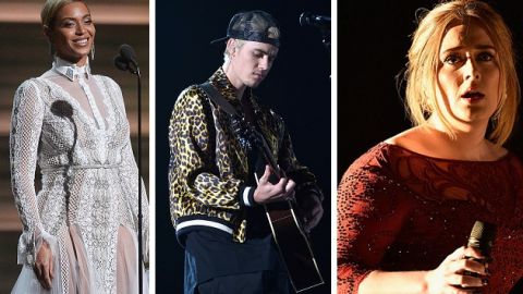 Beyonce, Justin Bieber y Adele en sus respectivas apariciones ayer en los Premios Grammy.