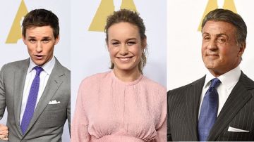 Los nominados Eddie Redmayne, Brie Larson y Sylvester Stallone en su paso por la alfombra roja previo al almuerzo para los nominados del Oscar este año.