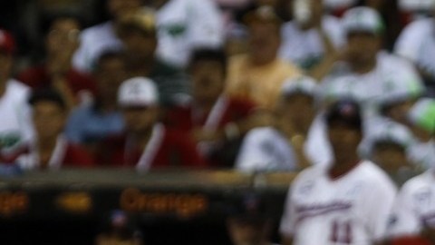 El jugador de Venados de Mazatlan, Jesús Esteban Quiroz batea una bola,  ante los Leones del Escogido.