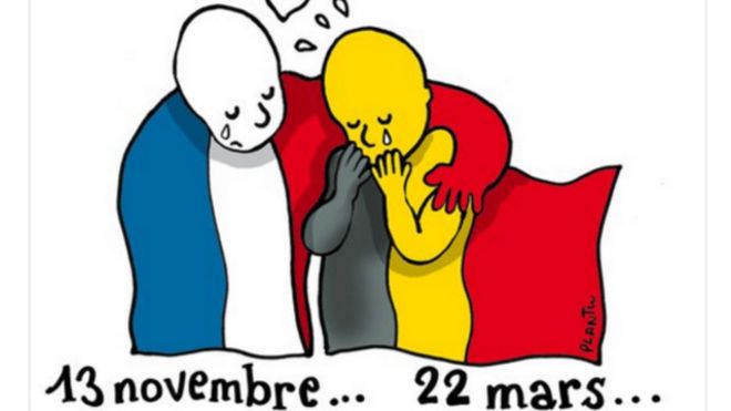 El caricaturista francés Plantu dibujó a Francia y Bélgica abrazadas a raíz de los ataques del martes en Bruselas.