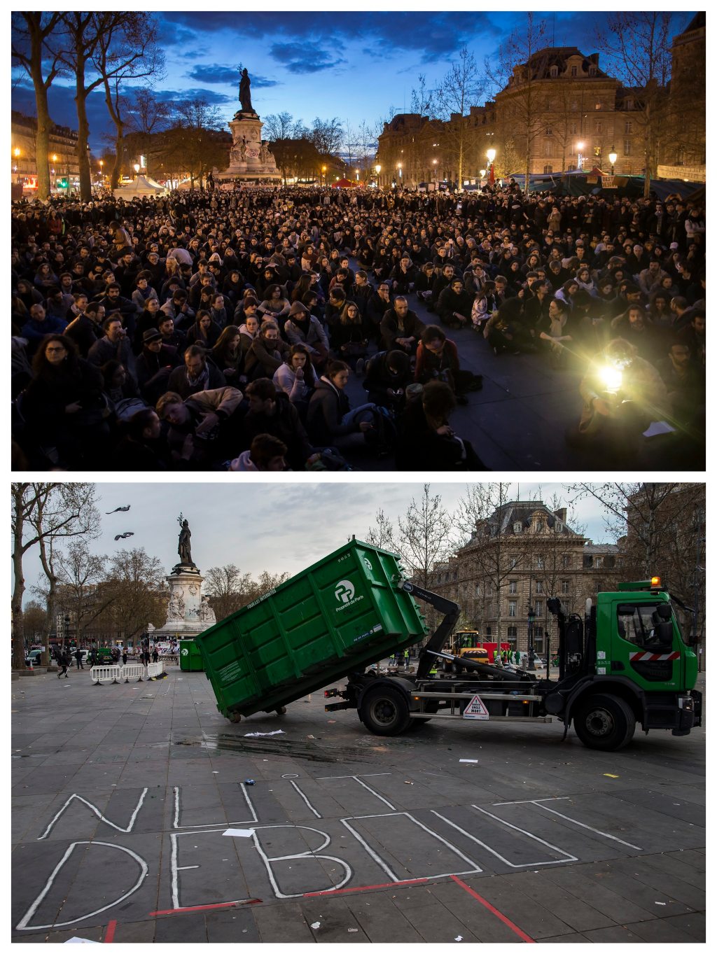 Arriba se ve a los 'indignados' concentrados en la Plaza de la República anoche. Abajo, los equipo de limpieza parisinos recogen la plaza después de que la gendarmería gala evacuara a los manifestantes.