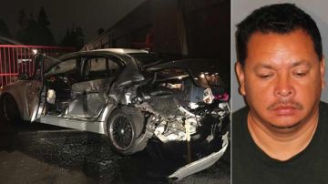 El auto destruido de su esposa y la foto de Cirilo Ramírez luego de su arresto. /POLICIA DE PLACENTIA