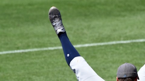 Logan Morrison de los Rays de Tampa luce de cabeza en las tribunas tras hacer un out espectacular.