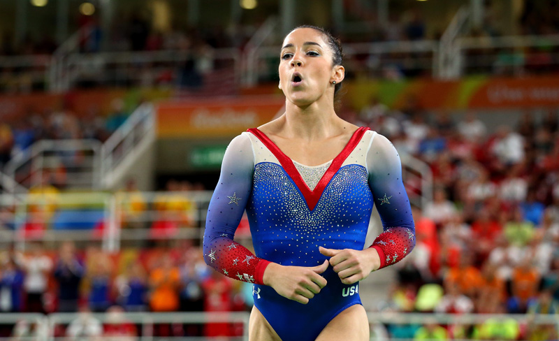 RIO DE JANEIRO, BRAZIL - AUGUST 16: Alexandra Raisman of the United States reacts after competing on the Women's Floor final on Day 11 of the Rio 2016 Olympic Games at the Rio Olympic Arena on August 16, 2016 in Rio de Janeiro, Brazil. (Photo by Alex Livesey/Getty Images)