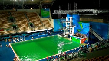 La fosa de clavados del Centro Acuático Olímpico María Lenk de Río de Janeiro, completamente verde en el cuarto día de competencias.