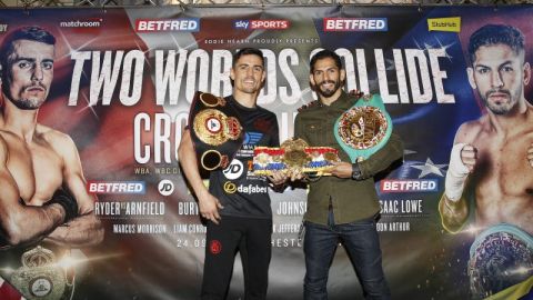 Anthony Crolla y Jorge Linares cara a cara antes de su pelea de campeonato en Inglaterra.