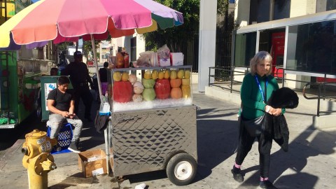 Los vendedores de frutas son objeto de robo de salario en Los Ángeles. Les pagan entre 45 y 50 dólares por jornadas de más 10 horas. (Araceli Martínez/La Opinión).