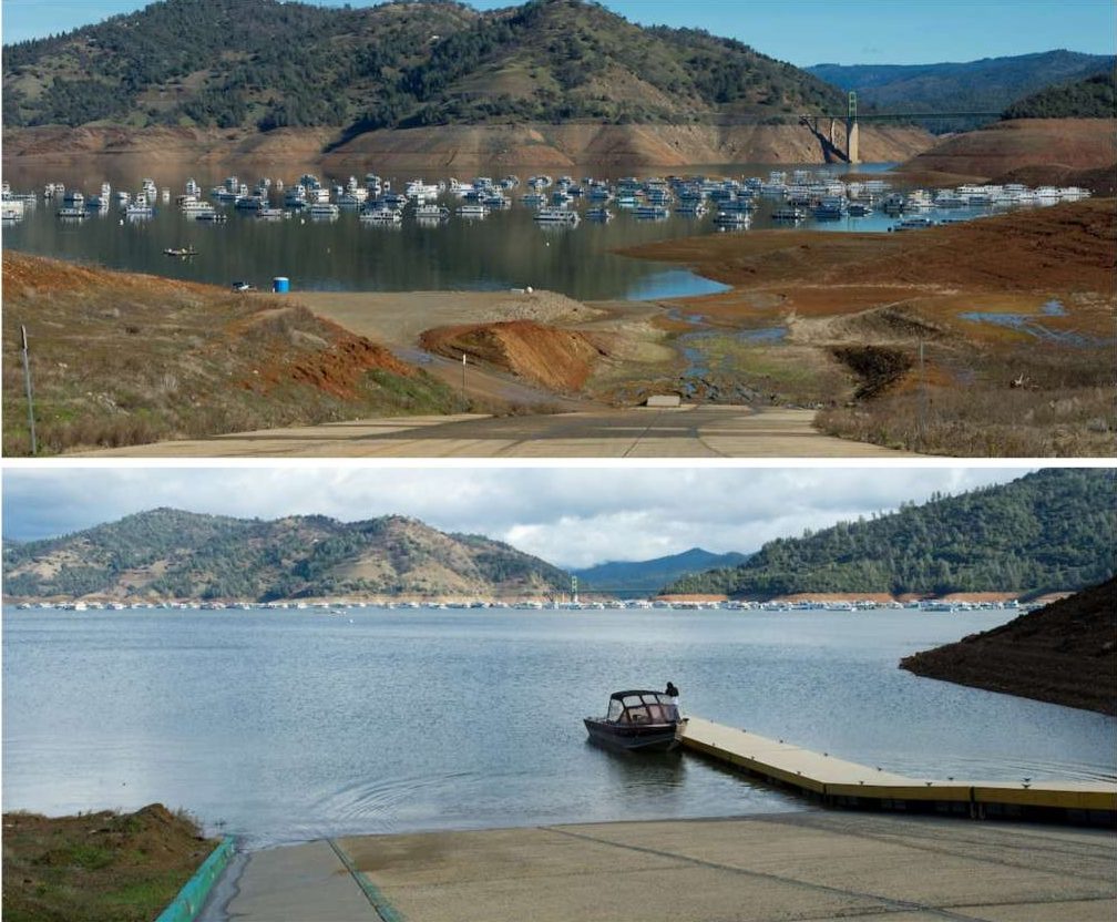 Estas imágenes muestran el cambio en el lago Oroville, en el condado de Butte, entre enero de 2016 y enero de 2017.