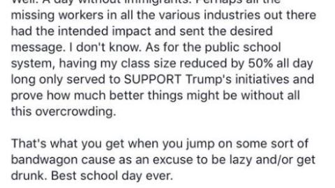 Quienes faltaron a la escuela por el Día sin Inmigrantes solo querían hacer el vago y emborracharse, afirma un docente en Facebook.
