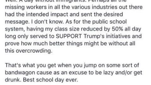 Quienes faltaron a la escuela por el Día sin Inmigrantes solo querían hacer el vago y emborracharse, afirma un docente en Facebook.