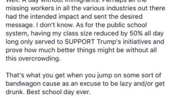 Quienes faltaron a la escuela por el Día sin Inmigrantes solo querían hacer el vago y emborracharse, afirma un docente en Facebook.