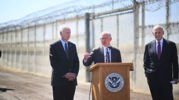 OTAY MESA, CA - APRIL 21: Department of Homeland Security John Kelly and Attorney General Jeff Session speak to the media during a tour of the border and immigrant detention operations at Brown Field Station on April 21, 2017 in Otay Mesa, California. Secretary Kelly and Attorney General Sessions are on the second leg of a tour together this week after visiting El Paso and were joined by U.S. Senator Ron Johnson, Chairman of the Senate Committee on Homeland Security and Governmental Affairs.(Photo by Sandy Huffaker/Getty Images)