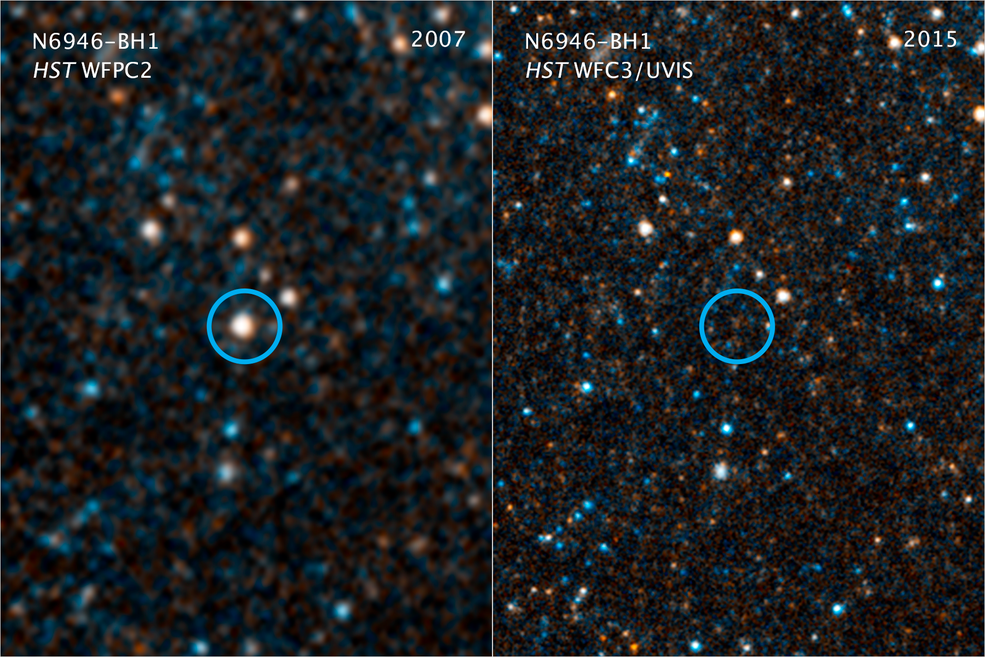 La estrella gigante N6946-BH1 antes y después de desaparecer.