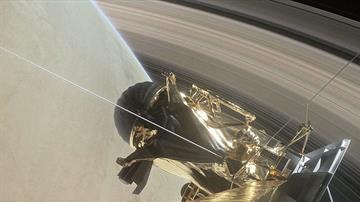 Recreación artística de la sonda Cassini zambulliéndose entre Saturno y sus anillos.