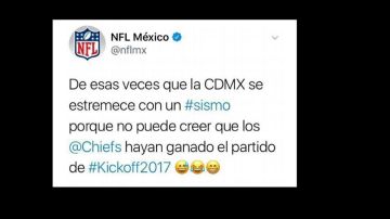 La NFL México dijo en Twitter que el temblor se originó por el triunfo de Chiefs sobre Patriots