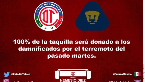 Toluca donaráel cien por ciento de su taquilla a los damnificados