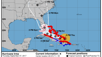 El mapa muestra la posible trayectoria de Irma durante 5 días.