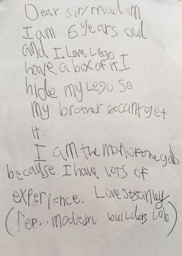 Carta escrita por Stanley, de 6 años, para trabajar en Lego.