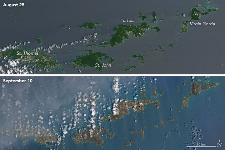 Las Islas Vírgenes el 25 de agosto y el 10 de septiembre de 2017, antes y después de que pasara el huracán Irma.
