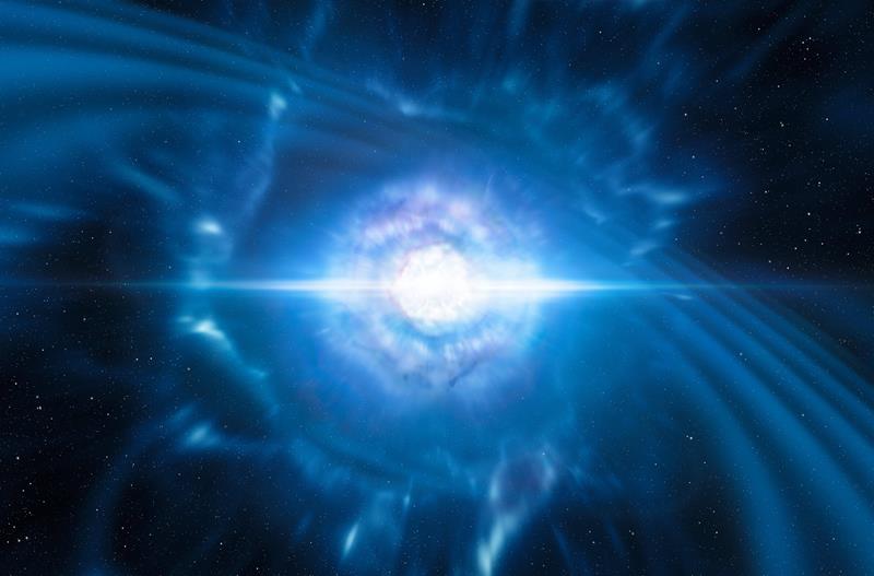 Una imagen virtual muestra la explosión de kilonova, fenómeno originado por la colisión de dos estrellas de neutrones.