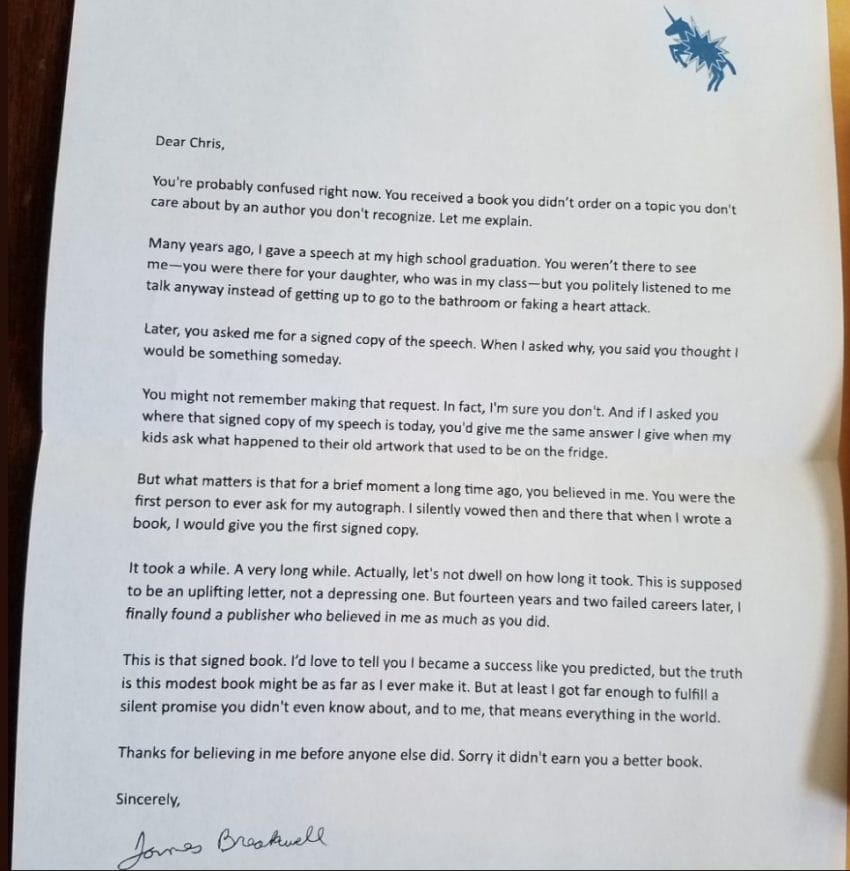 La carta que el autor escribió al a persona que creyó en él 14 años antes. 